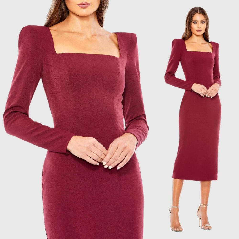 Mac‎ Duggal 26710 Womens Size 14 Square Neck Long Puff Sleeve Fitted Midi Dress